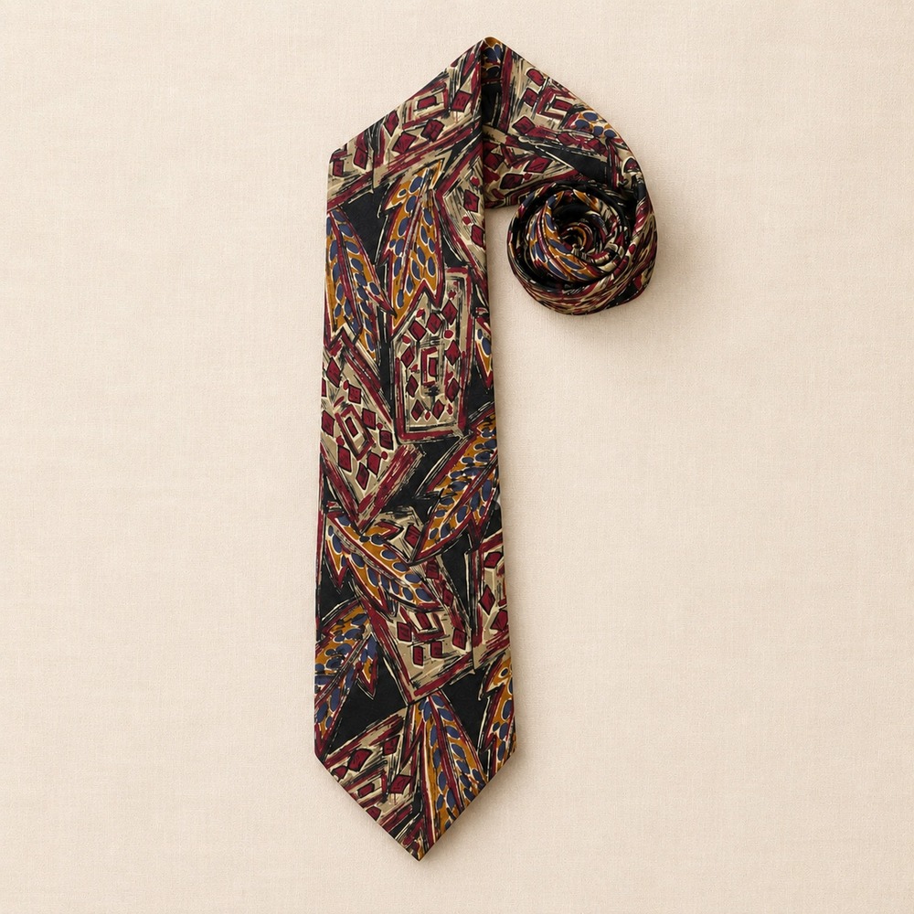 Chez‎ Roffe Silk Necktie Abstract Art Print Black Burgundy Gold Blue Vintage OS